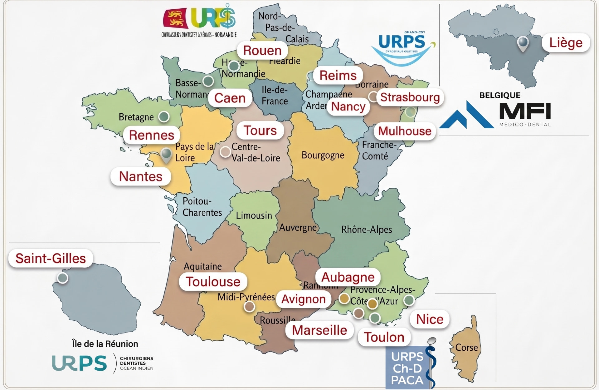 Carte des villes de formation : Rouen, Caen, Rennes, Tours, Reims, Nancy, Strasbourg, Mulhouse, Toulouse, Avignon, Aubagne, Marseille, Toulon, Nice, Saint-Gilles (La Réunion) et Liège (Belgique)
