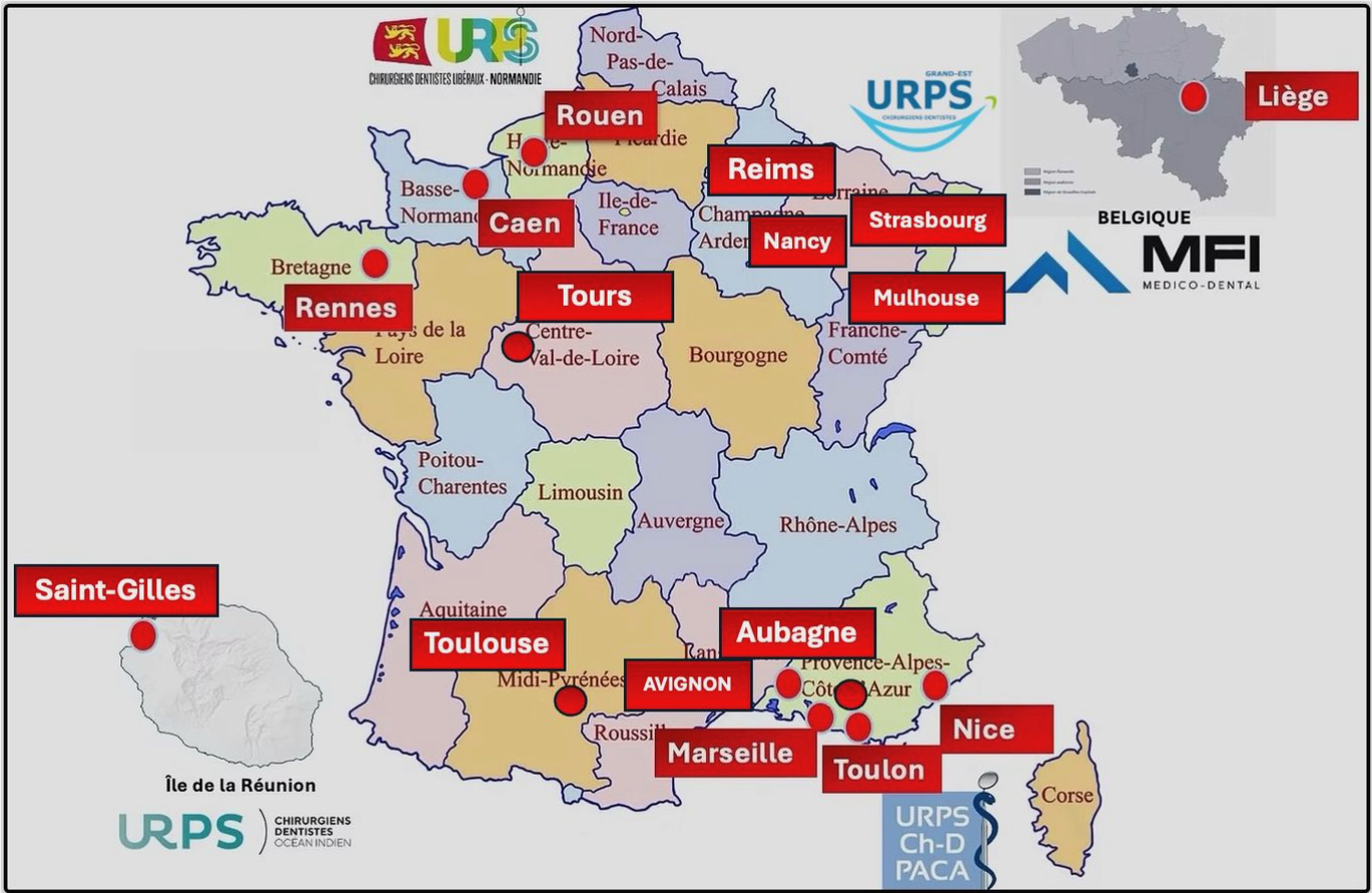 Carte des 16 villes de formation : Rouen, Caen, Rennes, Tours, Reims, Nancy, Strasbourg, Mulhouse, Toulouse, Avignon, Aubagne, Marseille, Toulon, Nice, Saint-Gilles (La Réunion) et Liège (Belgique)
